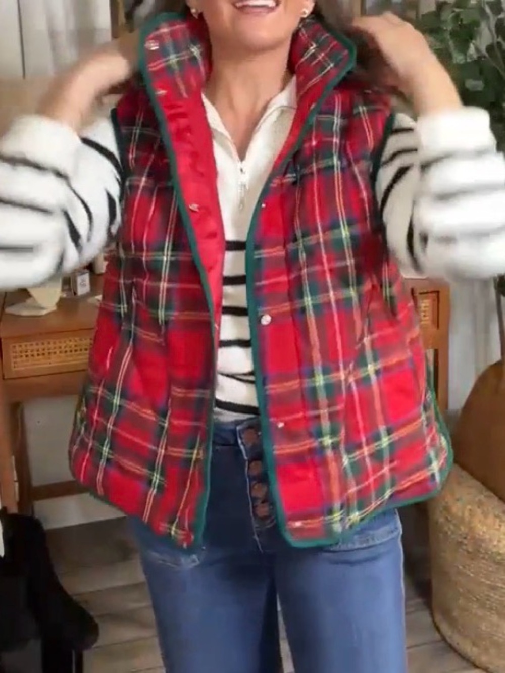 Red Plaid Quilted Puffer Vest - Women